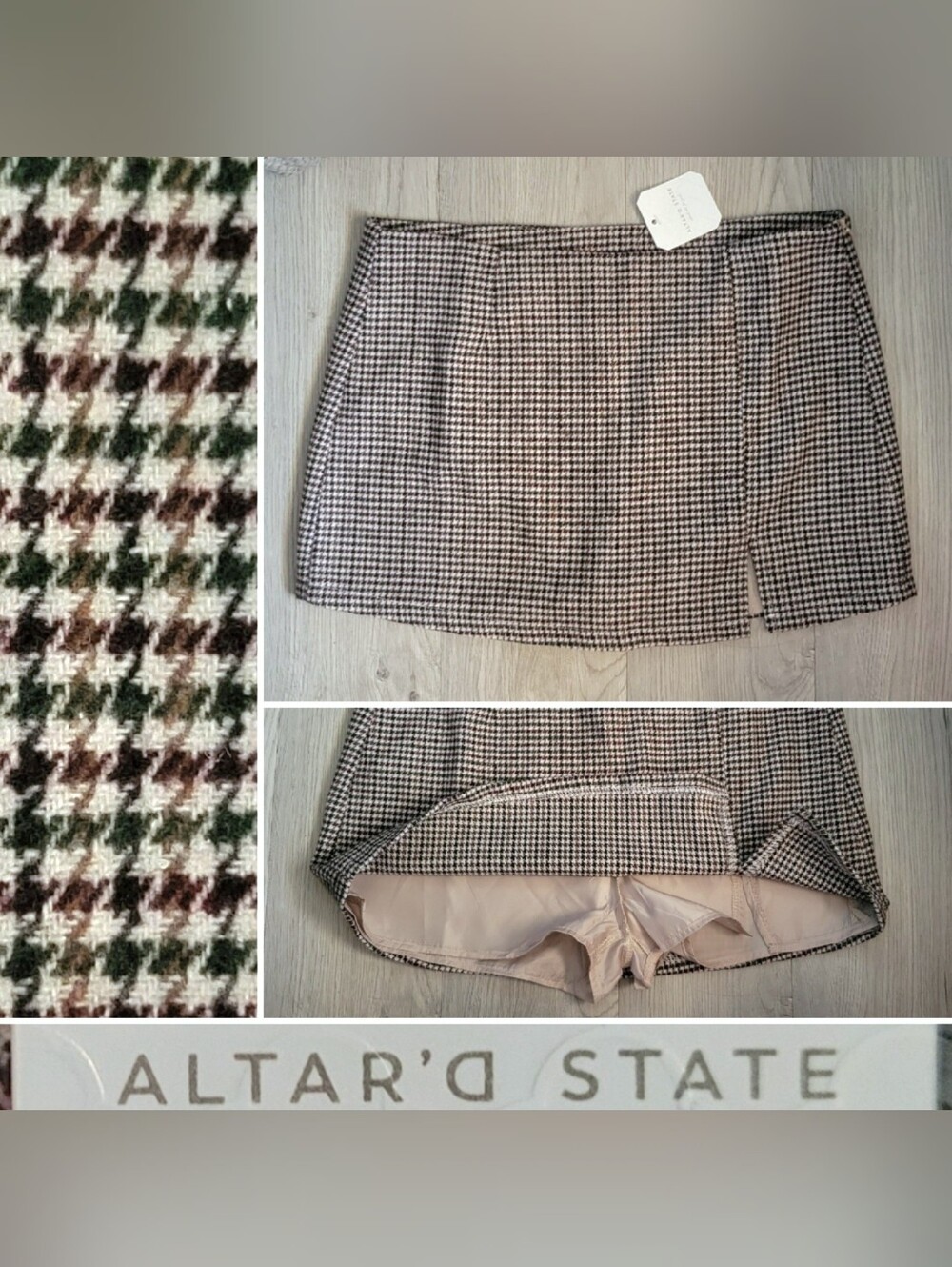 Altar'd State Houndstooth Green, Black, Brown, Cream Mini Skirt Skorts, Medium